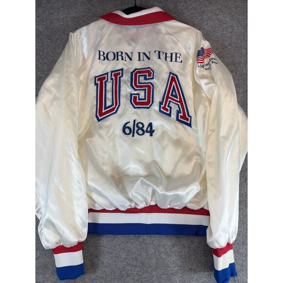 VTG 80s Bruce Springsteen Born In The USA CBS Records Satin Bomber Jacket Mens L - Picture 1 of 8